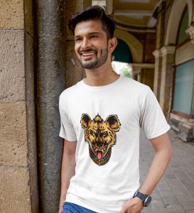 Hyena White Round Neck Cotton Half Sleeved Men's T-Shirt with Printed Graphics